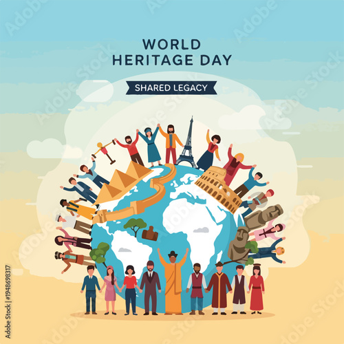 Принти на полотні Illustration promoting world cultural heritage, showing various landmarks and pe