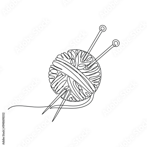 Cozy ball of yarn with knitting needles. Continuous line art for craft and hobby