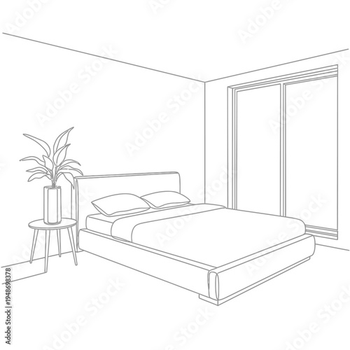 Minimalist Bedroom Interior Design with Bed, Nightstand, and Plant