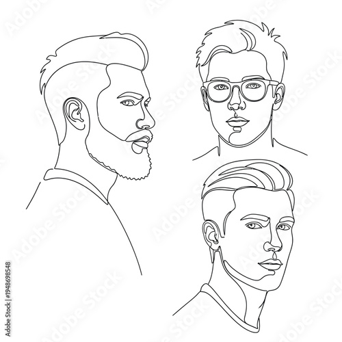 Continuous Line Drawing Set of Stylish Male Faces with Modern Hairstyles.