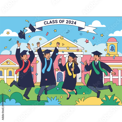 Illustration of four graduates celebrating at a university building