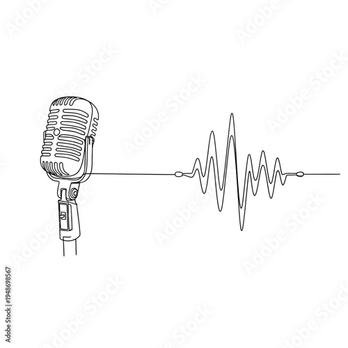 Retro microphone with sound wave in continuous line art style. Podcast, music, audio.