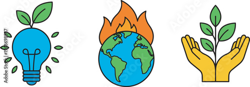 Environmental awareness icon set, green energy bulb global warming earth and plant care vector illustration