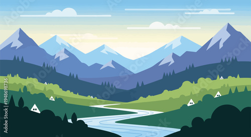 Pixelated landscape depicting mountains, river, and small houses