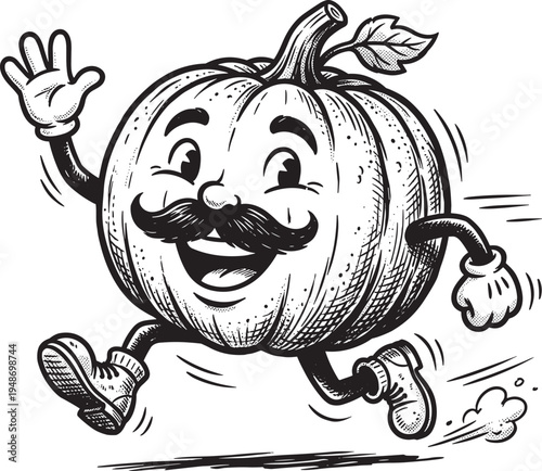 Happy pumpkin mascot character running with mustache cartoon vegetable outline coloring page isolated vector illustration