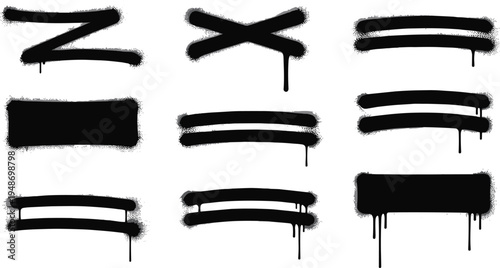 Vector set of black paint strokes, drips, and grunge splashes in various horizontal and cross shapes for creative designsVector set of black paint strokes, drips, and grunge splashes in various horizo