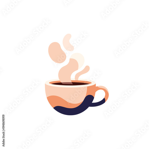 A vector graphic illustration of a steaming hot cup of coffee with a modern design and a mix of orange, peach, and dark blue colors on a white background.