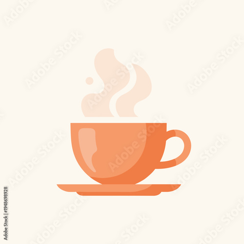 A vibrant orange vector graphic illustration of a steaming cup of coffee on a matching saucer, emitting gentle steam, depicted in a modern and minimalist style.