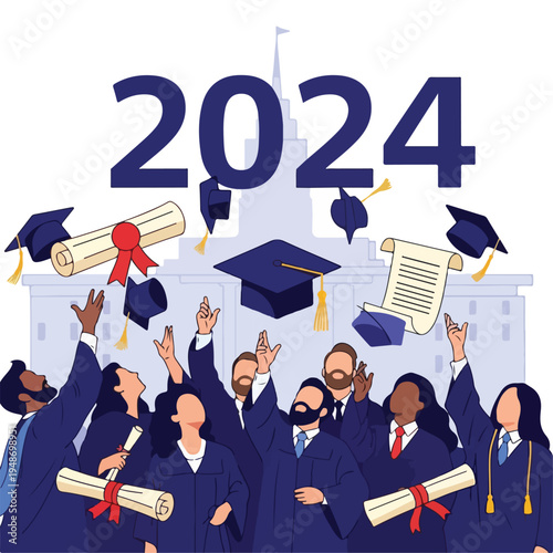 Illustration of a group of graduates celebrating with caps and diplomas