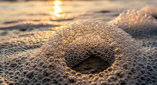 Sea foam bubbles on wet sand at sunset ocean