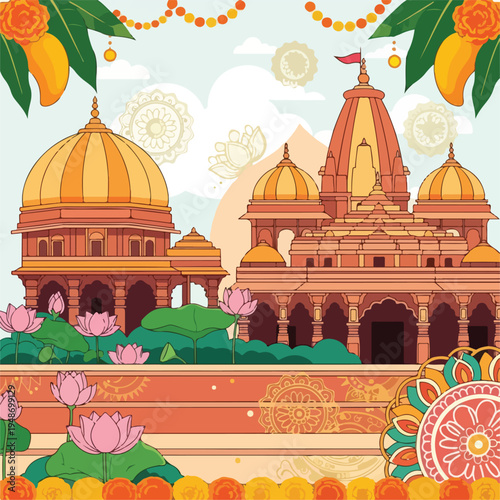 Illustration of a religious temple, lotus flowers, mango leaves, and decorations