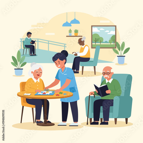 Illustration of a nursing home interior with people enjoying activities