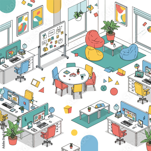 Isometric illustration of a modern office space, showcasing desks and seating areas