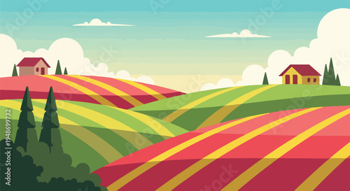 Pixelated landscape depicting rolling hills, houses, and stylized clouds