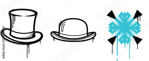 Vintage gentleman hat icons with top hat bowler hat and grunge snowflake symbol in hand drawn sketch style isolatedVintage gentleman hat icons with top hat bowler hat and grunge snowflake symbol in ha