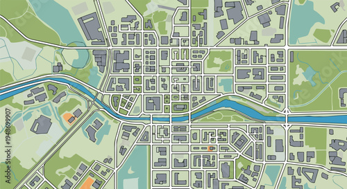 Simplified architectural plan of urban area, showing roads, buildings, and green spaces