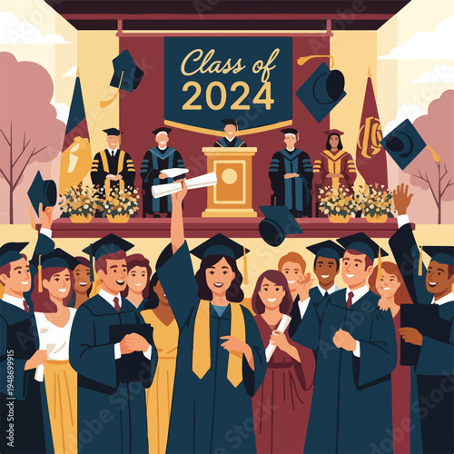Illustration of a graduation ceremony with celebrating students and faculty