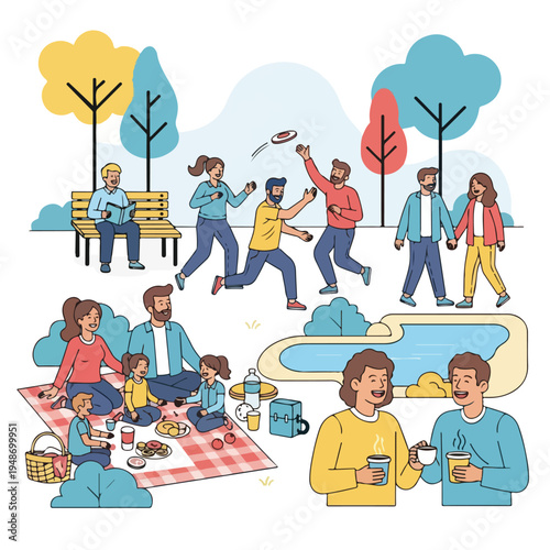 Illustration of a park scene with various people enjoying activities