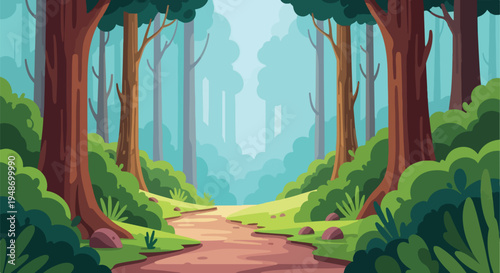 Pixelated forest scene with a path leading into the misty distance
