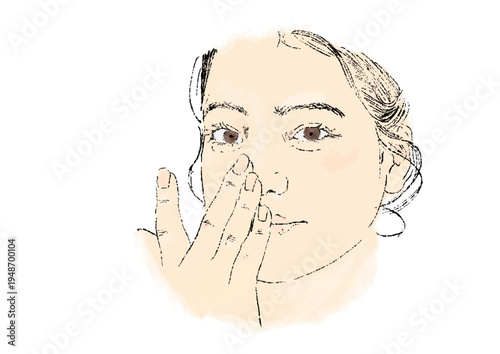 Hand-drawn-style illustration of a woman cleansing and washing her face. Cosmetics illustration. Makeup removal.