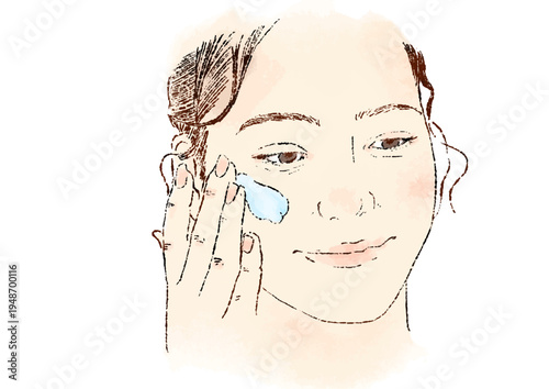 Hand-drawn-style illustration of a woman cleansing and washing her face. Cosmetics illustration. Makeup removal.