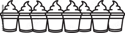Seven identical cups with whipped cream and cherry topping in a row Vector
