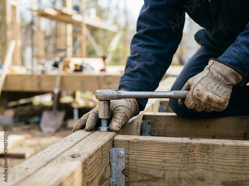 Worker tightens bolt on wooden structure at construction site in the afternoon Generative AI