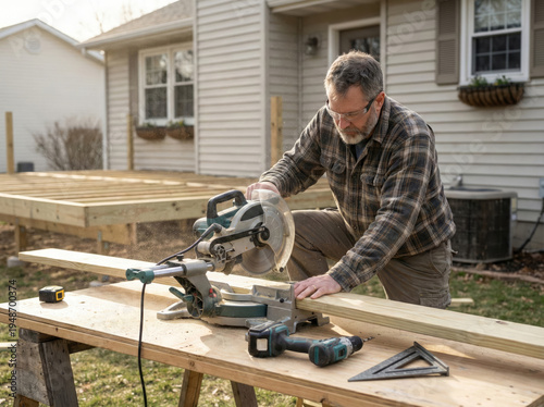 Man works with a saw on wood for building a deck in the backyard during daylight Generative AI