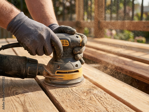 Sanding wood surface with power tool during home improvement project outside Generative AI