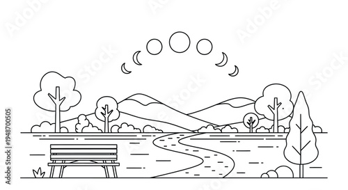 Line art illustration depicting a park scene with phases of the moon