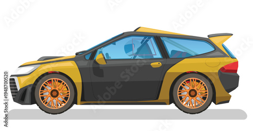 Object isolation side view of rally car two tone yellow and black with driving man. Sport car hatchback with rollbar or full option for race. On isolated white background with shadow.