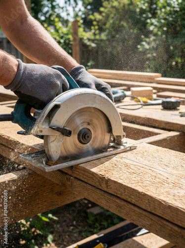 Carpenter cuts wood with circular saw at a construction site during the day Generative AI
