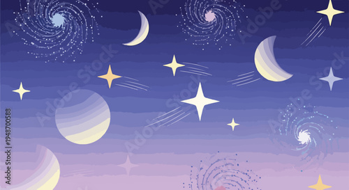 Pixelated night sky with stars, moons, planets, and galaxies