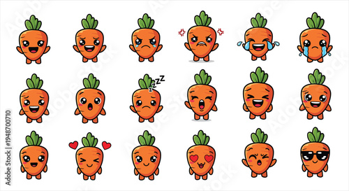 Tableau sur toile Cute Carrot Character Emote Sticker Set, Cartoon Vegetable Mascot Emoji Pack, Fu