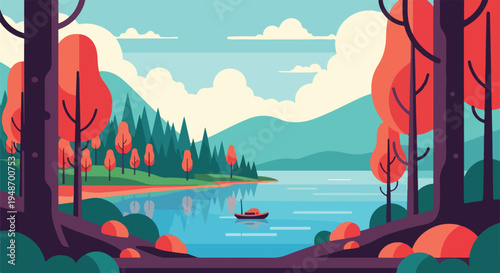 Pixelated illustration of a serene lakeside landscape in autumn