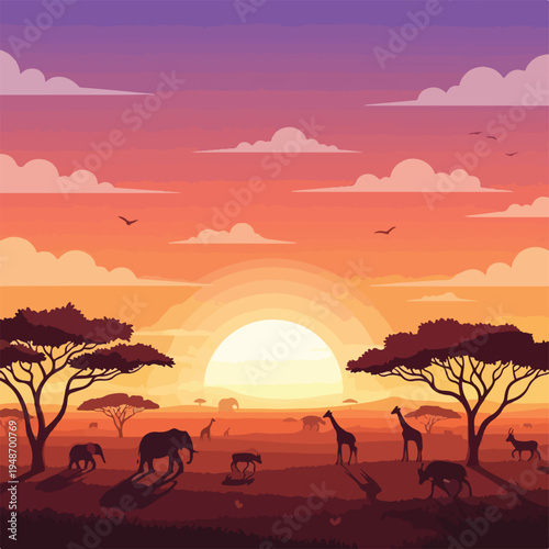 Pixelated savanna sunset featuring silhouetted animals