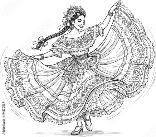 An artistic black and white illustration of a woman in a traditional folk dress, elegantly dancing with joy and flair