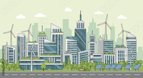 Eco-friendly cityscape with wind turbines and solar panels, sustainable urban development