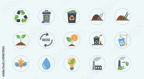 Eco-friendly icons: recycling, reuse, planting, water, energy, industry, nature