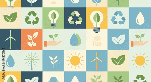 Eco-friendly icons: recycling, wind energy, plants, light bulb, water drop, sun