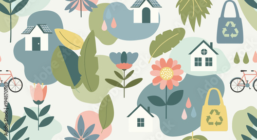 Eco-friendly living concept: houses, bikes, reusable bags, plants, flowers, and rain drops