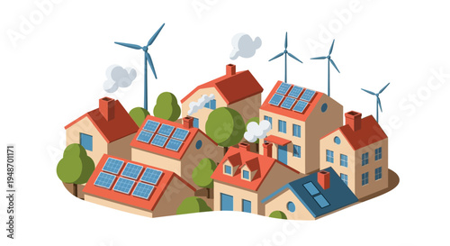 Eco-friendly neighborhood with solar panels and wind turbines, sustainable energy concept