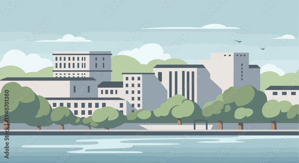 Fototapeta premium Modern Cityscape with River and Lush Green Trees, Sunny Day, Urban Landscape