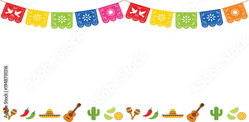 Colorful Mexican fiesta party decorations with papel picado banners and traditional elements like maracas and guitars