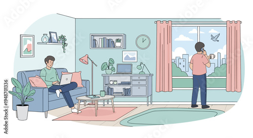 Man working on laptop in living room, another man looking out window at city view