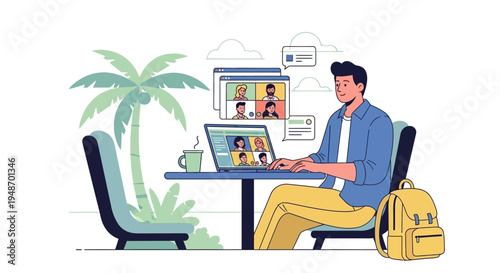 Man working remotely on laptop at beach cafe with video conference call