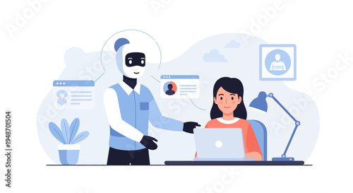 Robot assisting woman with laptop, AI and technology in modern workplace
