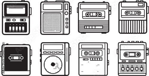 A collection of various retro portable cassette players and radios Vector