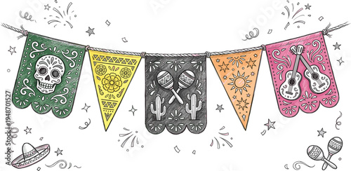 Cinco de Mayo Celebration Illustrations with Cactus, Maracas, and Festive Decorations