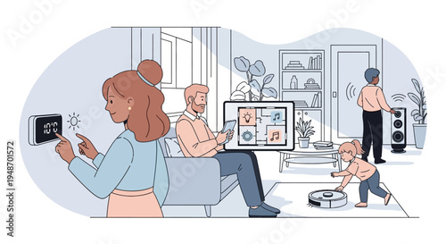 Smart Home Automation: Family enjoying connected living with thermostat, music, and robot vacuum